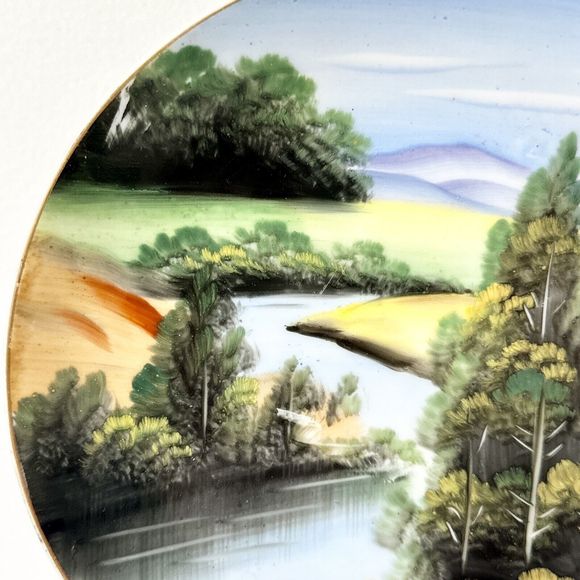 7” Hand Painted Hitomi Plate Scenery Landscape Japan Kitchen Decor Dining - Picture 2 of 9